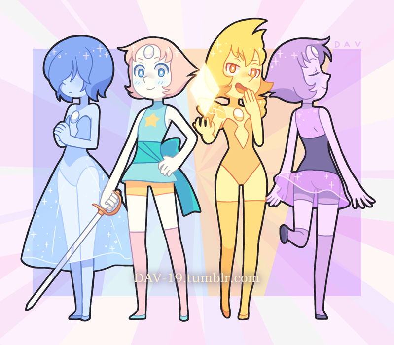 4girls, alternate_form, amethyst_(steven_universe), blue_pearl_(steven_universe), blue_skin, blush, dav-19, forehead_jewel