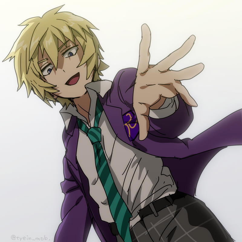 1boy, blazer, blonde_hair, blue_eyes, dutch_angle, gradient, gradient_background, hanazawa_teruki