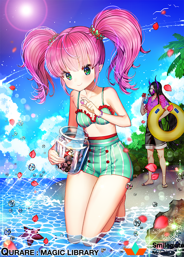1boy, 1girl, aqua_eyes, beach, blue_sky, clouds, copyright_name, facial_hair
