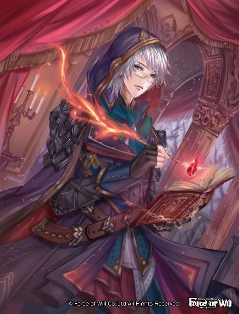 1boy, arch, banamons, belt, blue_eyes, book, candle, candlestand, chain, copyright_name, dutch_angle, fingerless_gloves, fire, flame, force_of_will, gem, glasses, gloves, hood, inside, looking_at_viewer, open_book, watermark, white_hair