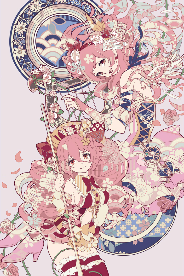 2girls, :d, bourbone, bow, drill_hair, floral_print, flower, hair_bow