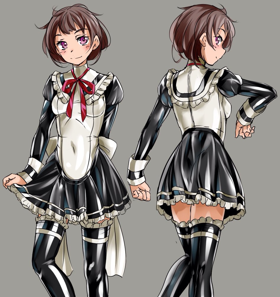 1girl, brown_hair, frilled_legwear, frilled_skirt, frills, fumi11gou, grey_background, juliet_sleeves
