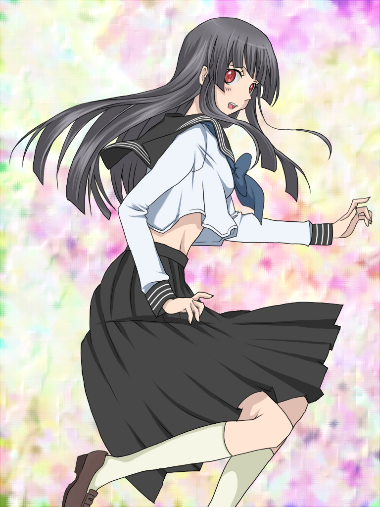 bad_id, black_ahir, black_hair, blush, kneehighs, long_hair, midriff, mitsuko