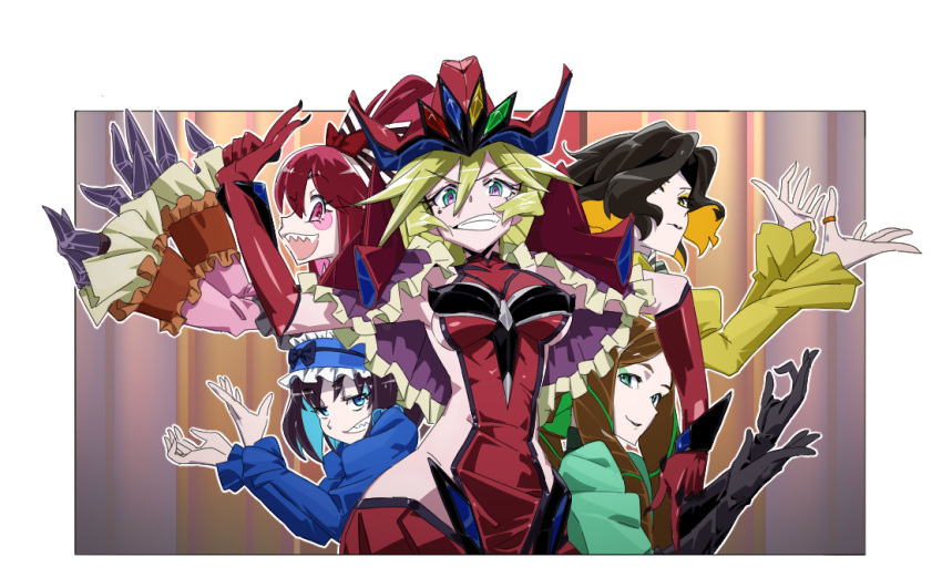 1girl, 5girls, akiot, black_hair, black_lipstick, blonde_hair, blue_eyes, blue_hair
