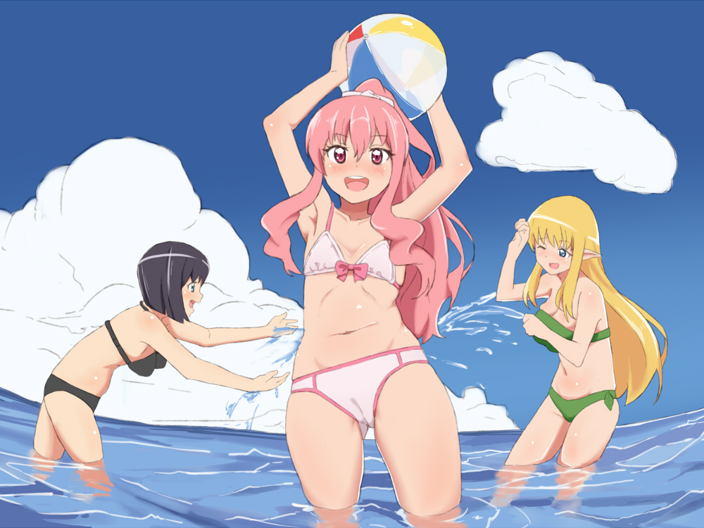 3girls, armpits, arms_up, ball, beachball, bikini, black_bikini, black_hair, blonde_hair, blue_eyes, blue_sky, blush, breasts, clouds, cute, elel185, elf, flat_chest, front-tie_top, green_bikini, j.c._staff, large_breasts, long_hair, louise_francoise_le_blanc_de_la_valliere, multiple_girls, navel, ocean, outdoors, partially_submerged, pink_bikini, pink_eyes, pink_hair, pointy_ears, ponytail, short_hair, side-tie_bikini, siesta, sky, smile, splashing, standing, swimsuit, tiffania_westwood, wading, water, wet, zero_no_tsukaima