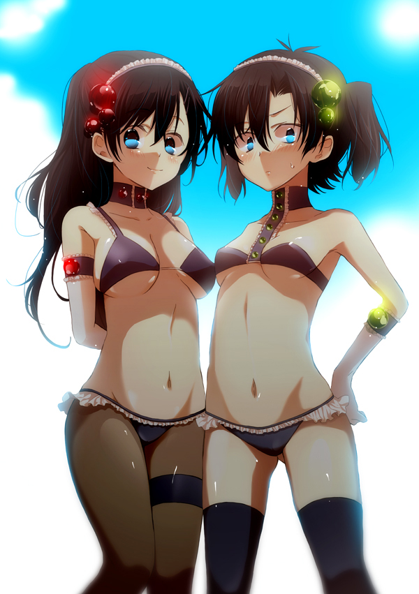 2girls, bikini, black_hair, black_legwear, breasts, choker, enomoto_takane, kagerou_project, long_hair, multiple_girls, navel, sakakimu, swimsuit, tateyama_ayano, thigh-highs, twintails, under_boob