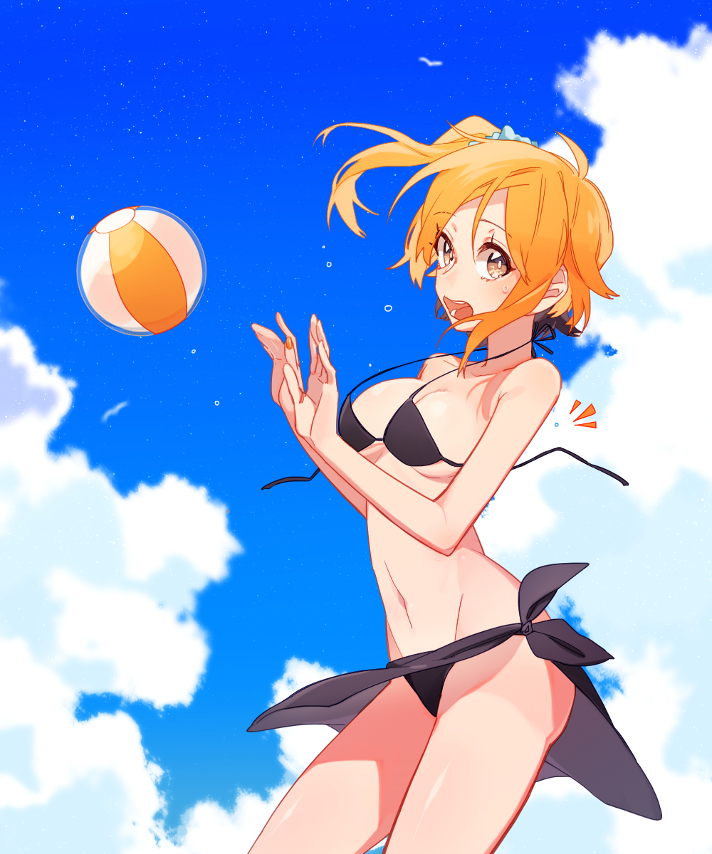 1girl, ball, beachball, bikini, blonde_hair, brown_eyes, highres, hisu_(hiss_1107)