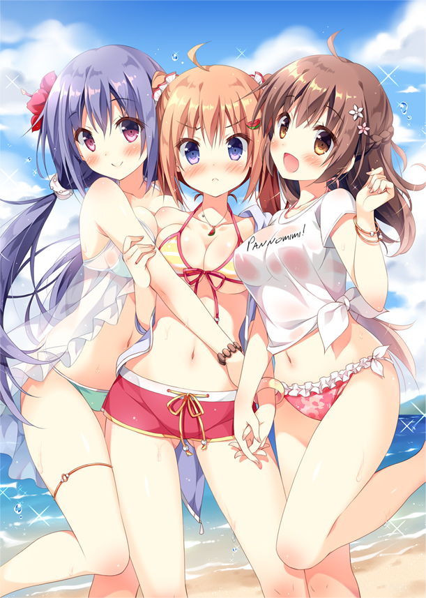 >:(, 3girls, :d, ahoge, aqua_bikini, arm_at_side, ass_visible_through_thighs, bangs