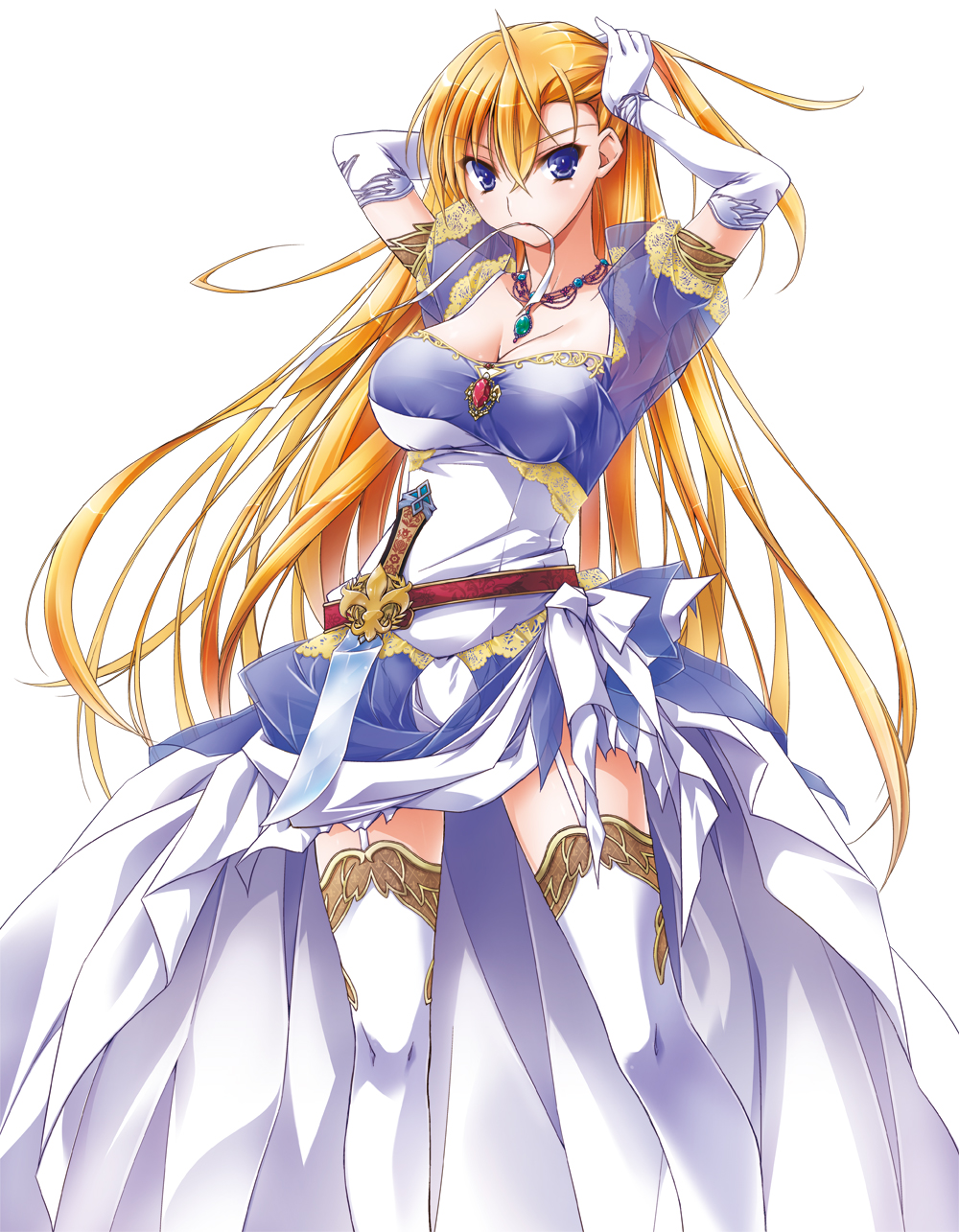 1girl, asio_(asiogimuto), blonde_hair, blue_eyes, breasts, cleavage, dress, elbow_gloves