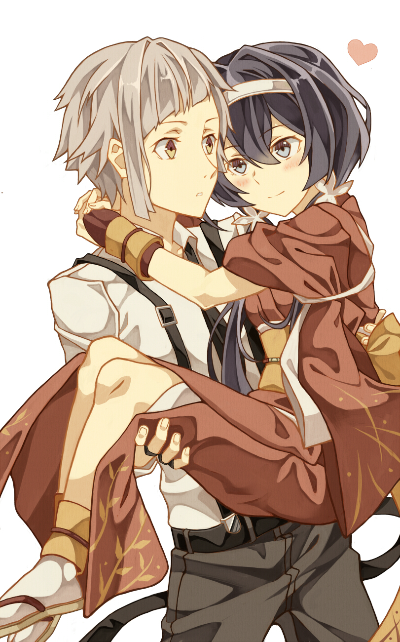 1boy, 1girl, black_hair, bungou_stray_dogs, carrying, cheese_kang, fingerless_gloves, gloves