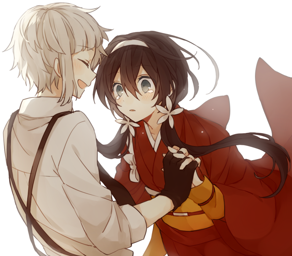 1boy, 1girl, black_hair, bungou_stray_dogs, fingerless_gloves, gloves, izumi_kyouka_(bungou_stray_dogs), japanese_clothes, kimono, long_hair, low_twintails, nakajima_atsushi_(bungou_stray_dogs), rengeso, short_hair, twintails, white_hair