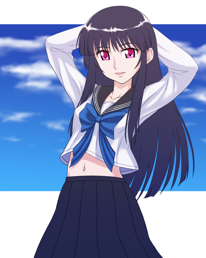 bangs, blunt_bangs, hime_cut, long_hair, midriff, natsu_no_arashi, natsu_no_arashi!, navel, poorly_drawn, purple_hair, red_eyes, school_uniform, serafuku, skirt, solo, tsunamagurou