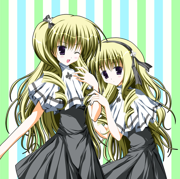 azumi_no_kayoshi, blonde_hair, dress, laila_(venus_versus_virus), lola_(venus_versus_virus), long_hair, multiple_girls, purple_eyes