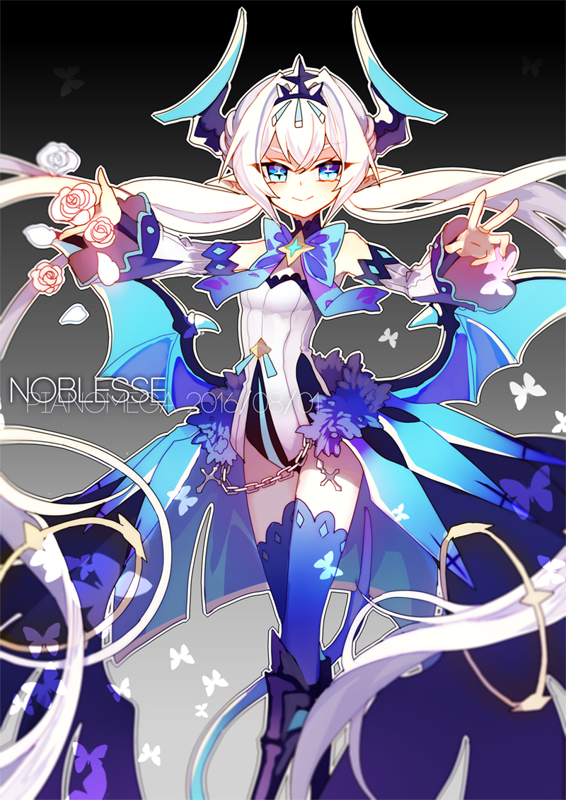 1girl, 2016, athria, bat_wings, black_background, blue_bow, blue_eyes, blue_legwear