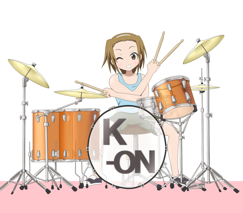 brown_hair, casual, cymbals, drum, drum_set, drumsticks, hairband, instrument