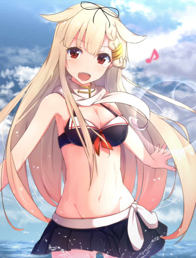 1girl, anchor_symbol, arms_at_sides, bare_arms, bare_shoulders, bikini, bikini_skirt, black_bikini