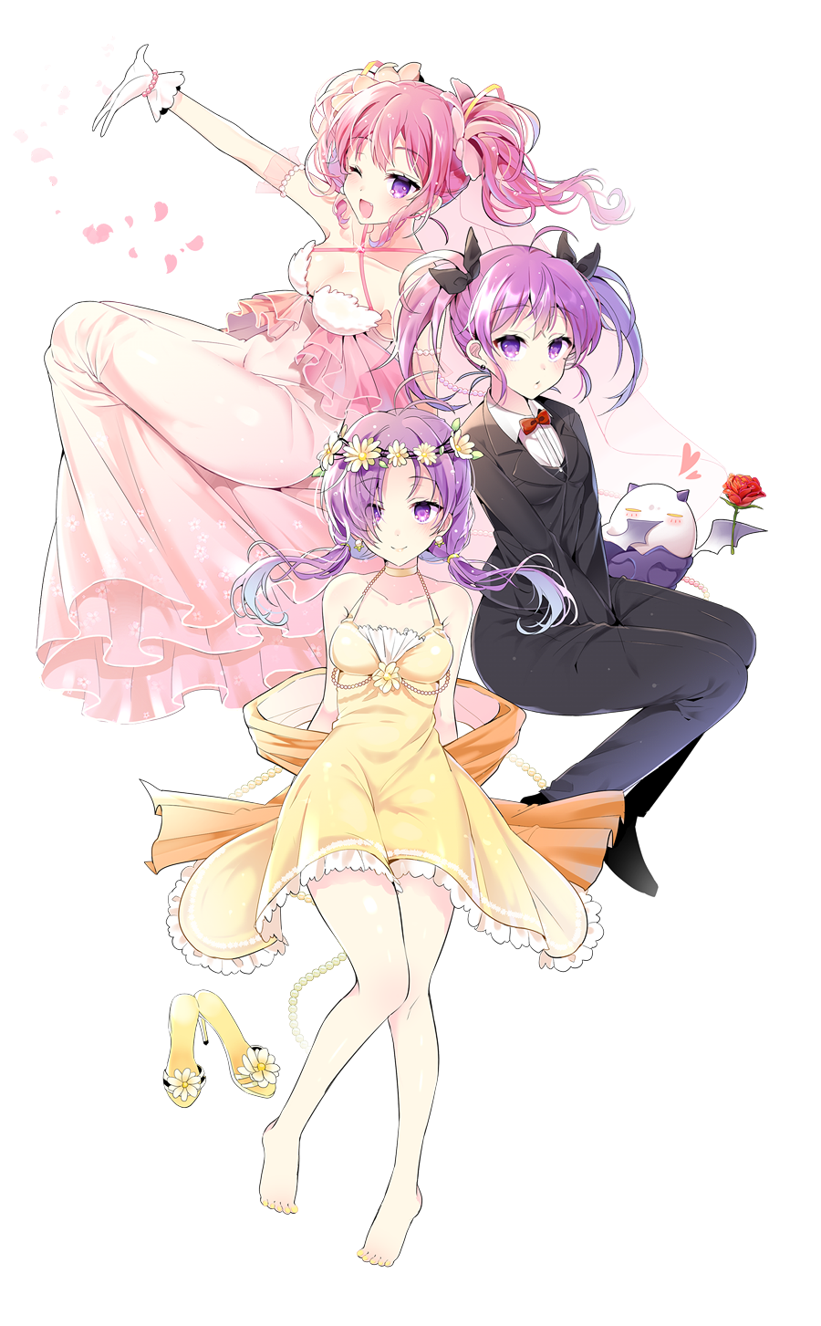 3girls, ;d, aisha_(elsword), angkor_(elsword), arm_up, black_pants, bow, bowtie, choker, collarbone, creature, dimension_witch_(elsword), dress, elemental_master_(elsword), elsword, expressionless, flower, formal, gloves, highres, long_hair, looking_at_viewer, multiple_girls, multiple_persona, nail_polish, one_eye_closed, open_mouth, pants, pinb, pink_dress, purple_hair, red_bow, red_rose, rose, sandals_removed, sash, shoes, short_hair, sitting, skirt, smile, suit, toes, twintails, v_arms, violet_eyes, void_princess_(elsword), white_background, white_gloves, yellow_nails, yellow_shoes, yellow_skirt