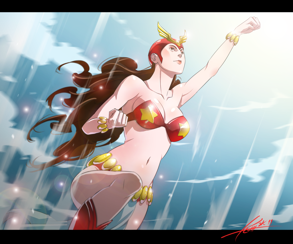 1girl, bikini, breasts, brown_eyes, brown_hair, clenched_hands, curly_hair, darna, darna_(character), flying, helmet, kevintut, long_hair, midriff, navel, signature, sky, superhero, swimsuit