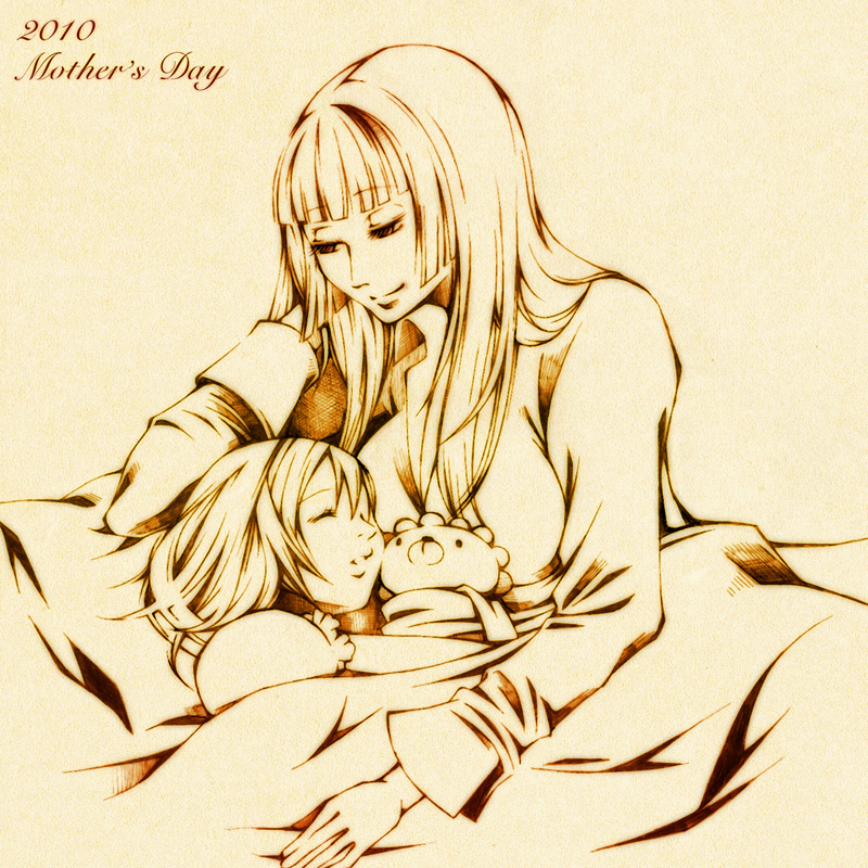 2girls, bangs, bed, breasts, closed_eyes, hime_cut, long_hair, mother's_day