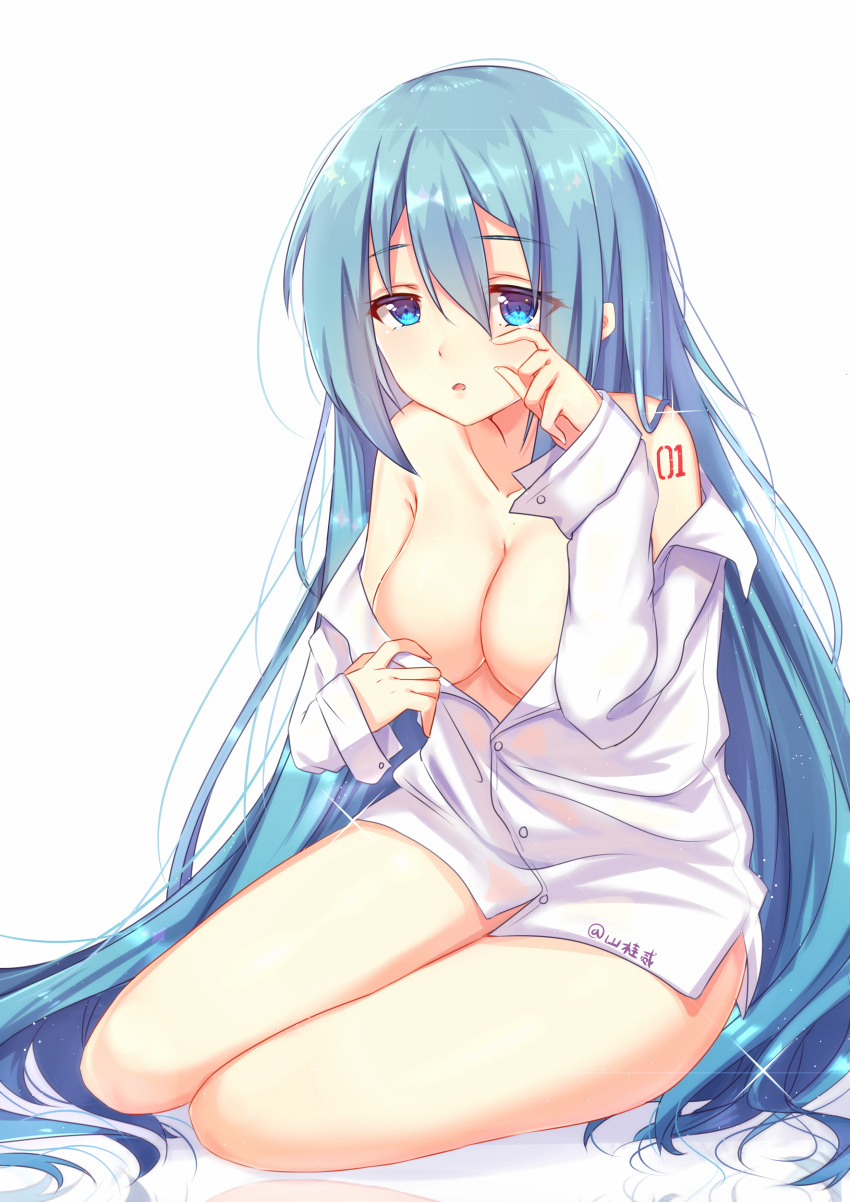 1girl, absurdres, alternate_hairstyle, arm_tattoo, bangs, bare_shoulders, blue_eyes, blue_hair
