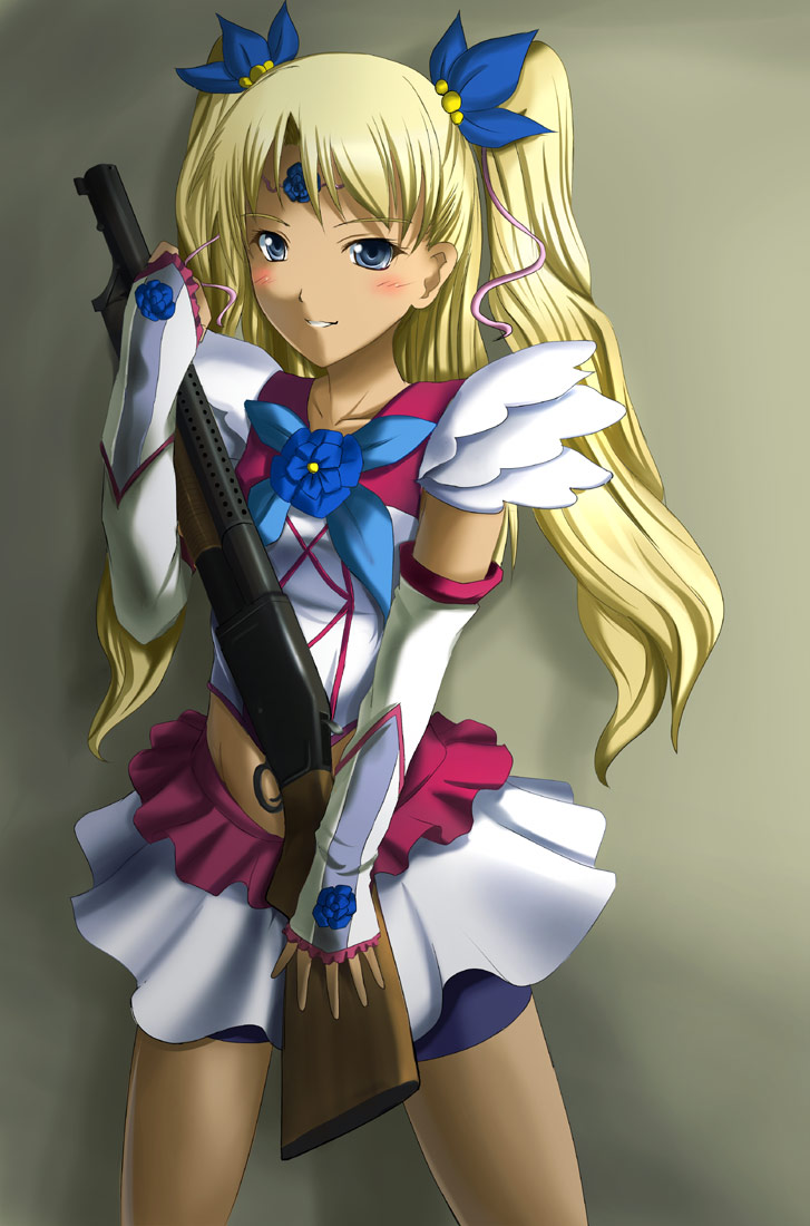bike_shorts, blonde_hair, blush, c-wing, cosplay, dark_skin, female, fuku, gun, gunslinger_girl, long_hair, midriff, milky_rose, milky_rose_(cosplay), precure, pretty_cure, schoolgirl, seiyuu_connection, seiyuu_joke, sendai_eri, shorts_under_skirt, shotgun, solo, triela, twintails, two_side_up, weapon, winchester_model_1897, yes!_precure_5, yes!_pretty_cure_5