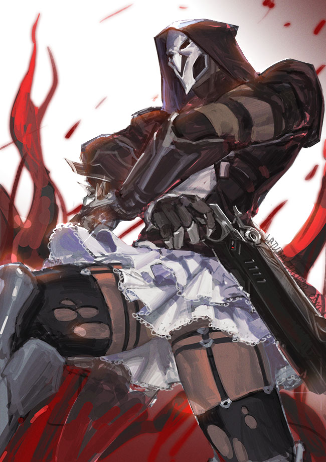 1boy, black_legwear, borrowed_design, crossdressinging, dual_wielding, face_mask, freer, frilled_skirt