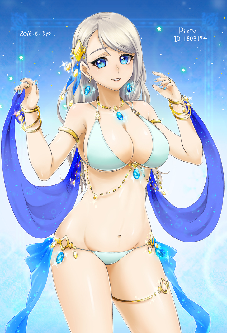 1girl, bikini, blue_eyes, bracelet, breasts, chiyo_(no3baki), cleavage, earrings