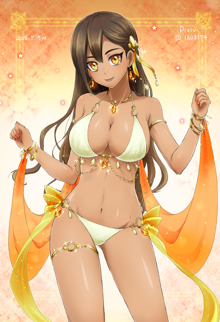 1girl, bikini, bracelet, breasts, brown_hair, chiyo_(no3baki), cleavage, dark_skin, earrings, female, hair_ornament, jewelry, large_breasts, long_hair, navel, necklace, orange_eyes, original, pendant, smile, solo, swimsuit