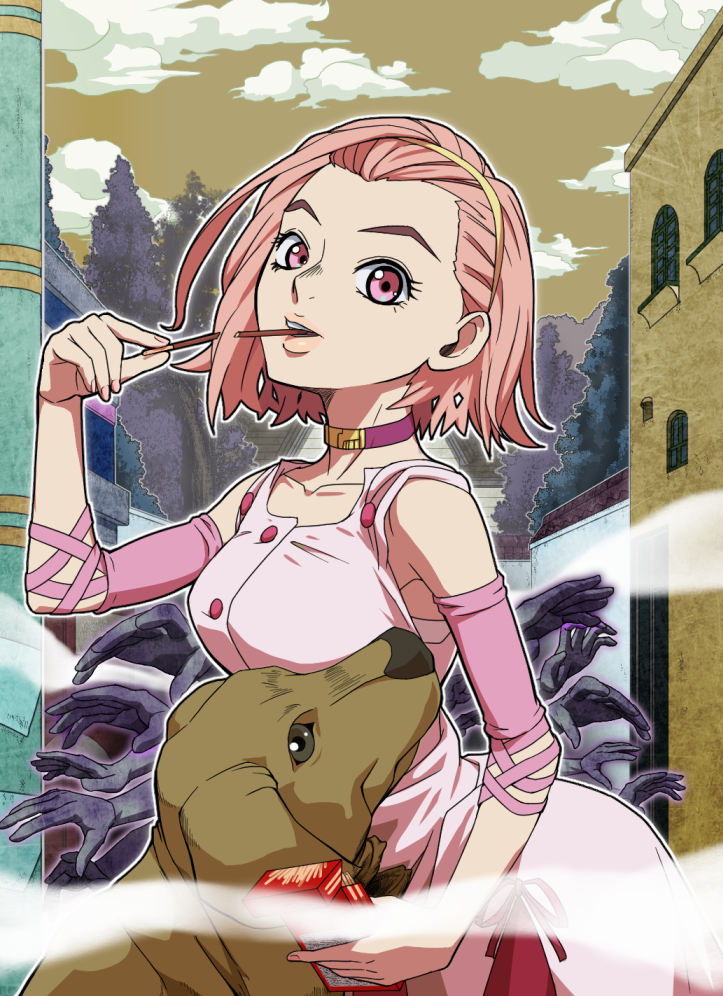 1girl, arm_warmers, arms, arnold_(jojo), box, building, choker, clouds