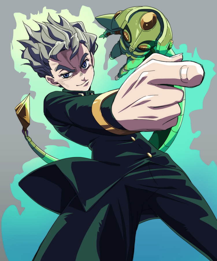1boy, aura, blue_eyes, echoes_(stand), foreshortening, gakuran, grey_hair, hirose_kouichi