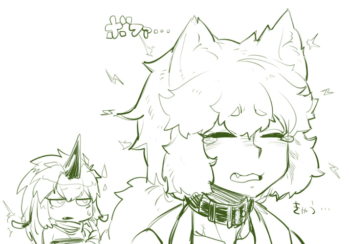 2girls, animal_ears, closed_eyes, collar, dog_ears, fang, horn, multiple_girls