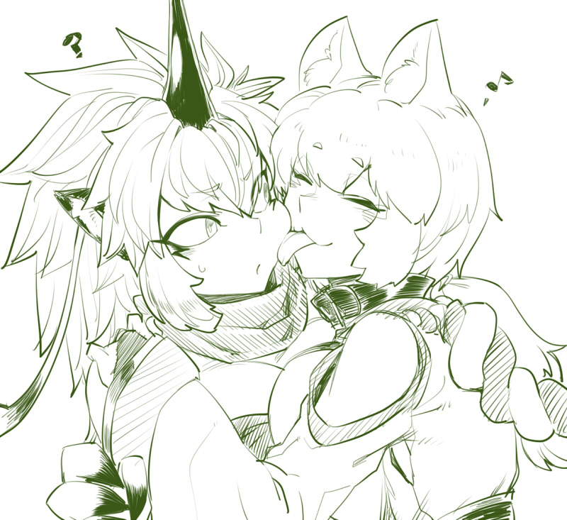 2girls, :3, animal_ears, breast_press, breasts, closed_eyes, collar, dog_ears