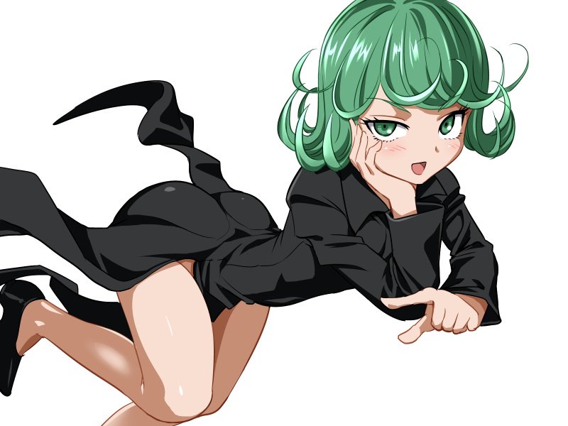 1girl, black_dress, black_shoes, blush, curly_hair, dress, female, flying, green_eyes, green_hair, hand_on_own_chin, hawawani, looking_at_viewer, onepunch_man, parted_lips, shoes, short_hair, simple_background, smile, solo, tatsumaki, white_background