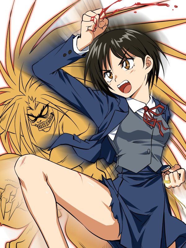 1girl, black_hair, blood, bloody_hands, blue_jacket, blue_skirt, brown_eyes, clenched_hand