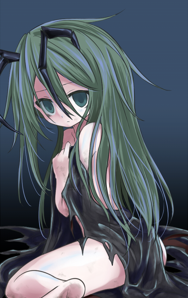1girl, antennae, bare_shoulders, capelet, empty_eyes, green_eyes, green_hair, long_hair, looking_at_viewer, nude, sitting, solo, touhou, ugatsu_matsuki, wariza, wriggle_nightbug