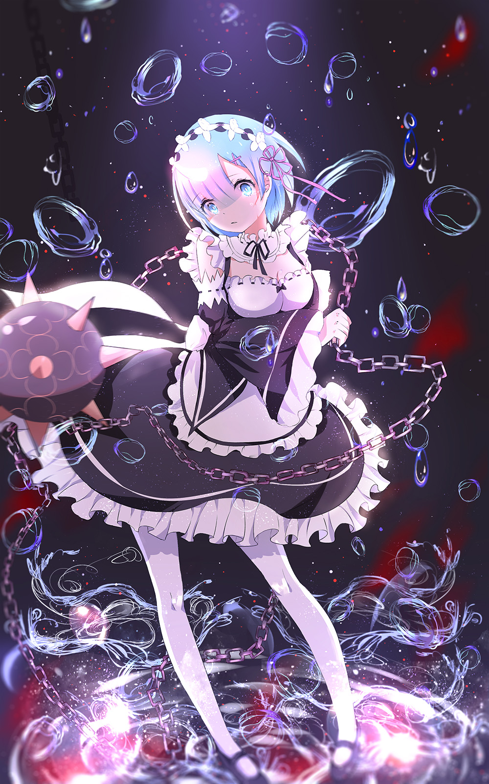 1girl, apron, bangs, black_shoes, blood, blue_eyes, blue_hair, bob_cut