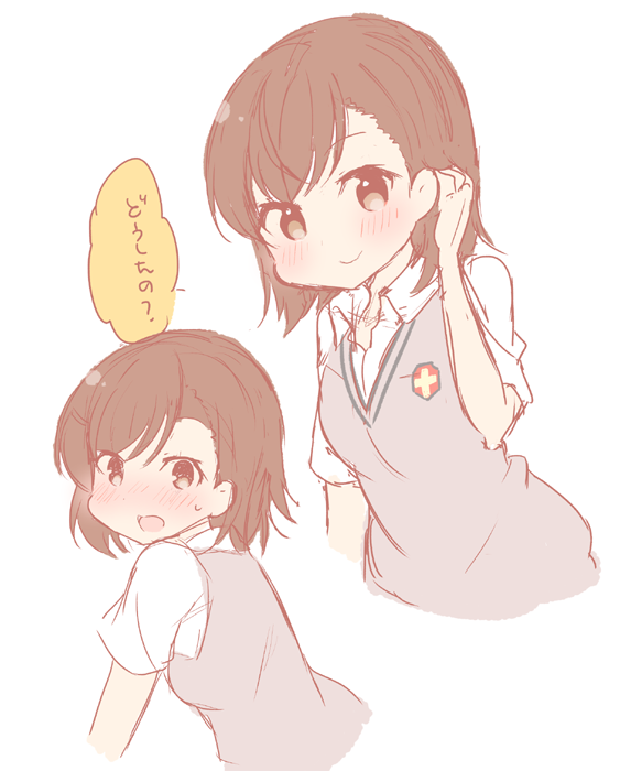 1girl, bangs, blush, brown_eyes, brown_hair, collared_shirt, hair_tucking, looking_at_viewer