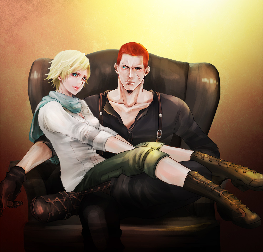 1boy, 1girl, blonde_hair, blue_eyes, breasts, gloves, jake_muller, resident_evil
