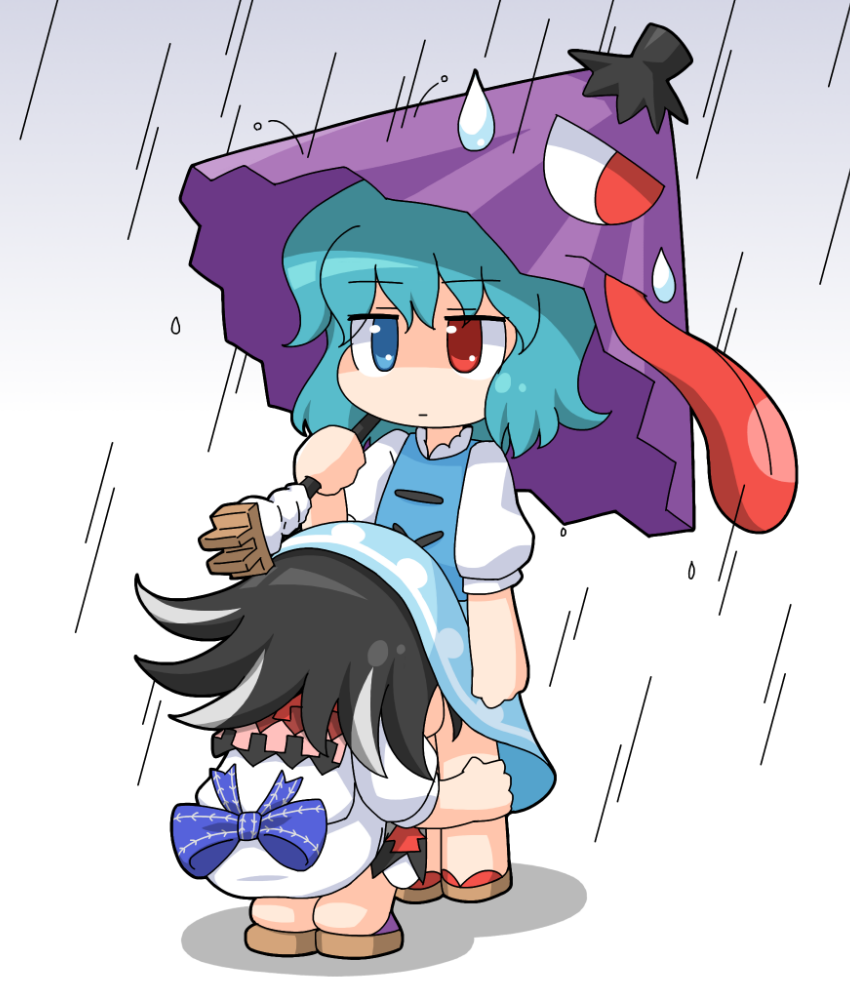 2girls, annoyed, black_hair, blue_eyes, blue_hair, chibi, dress, female_pervert, flip-flops, head_under_skirt, heterochromia, kijin_seija, multicolored_hair, multiple_girls, pervert, rain, red_eyes, sandals, shaded_face, streaked_hair, sweatdrop, tatara_kogasa, touhou, umbrella, unachika, unamused, white_hair