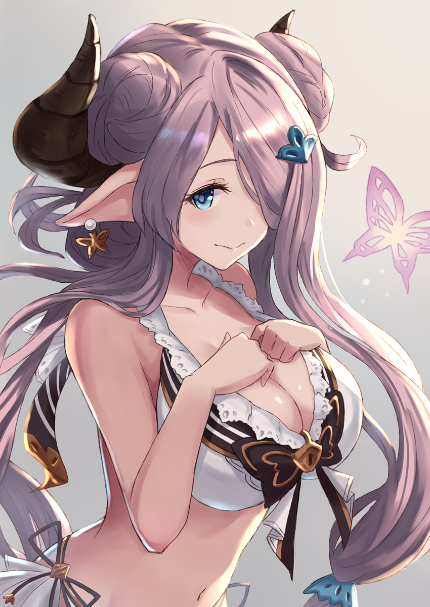 1girl, :>, bikini, breast_suppress, breasts, butterfly_earrings, cleavage, closed_mouth