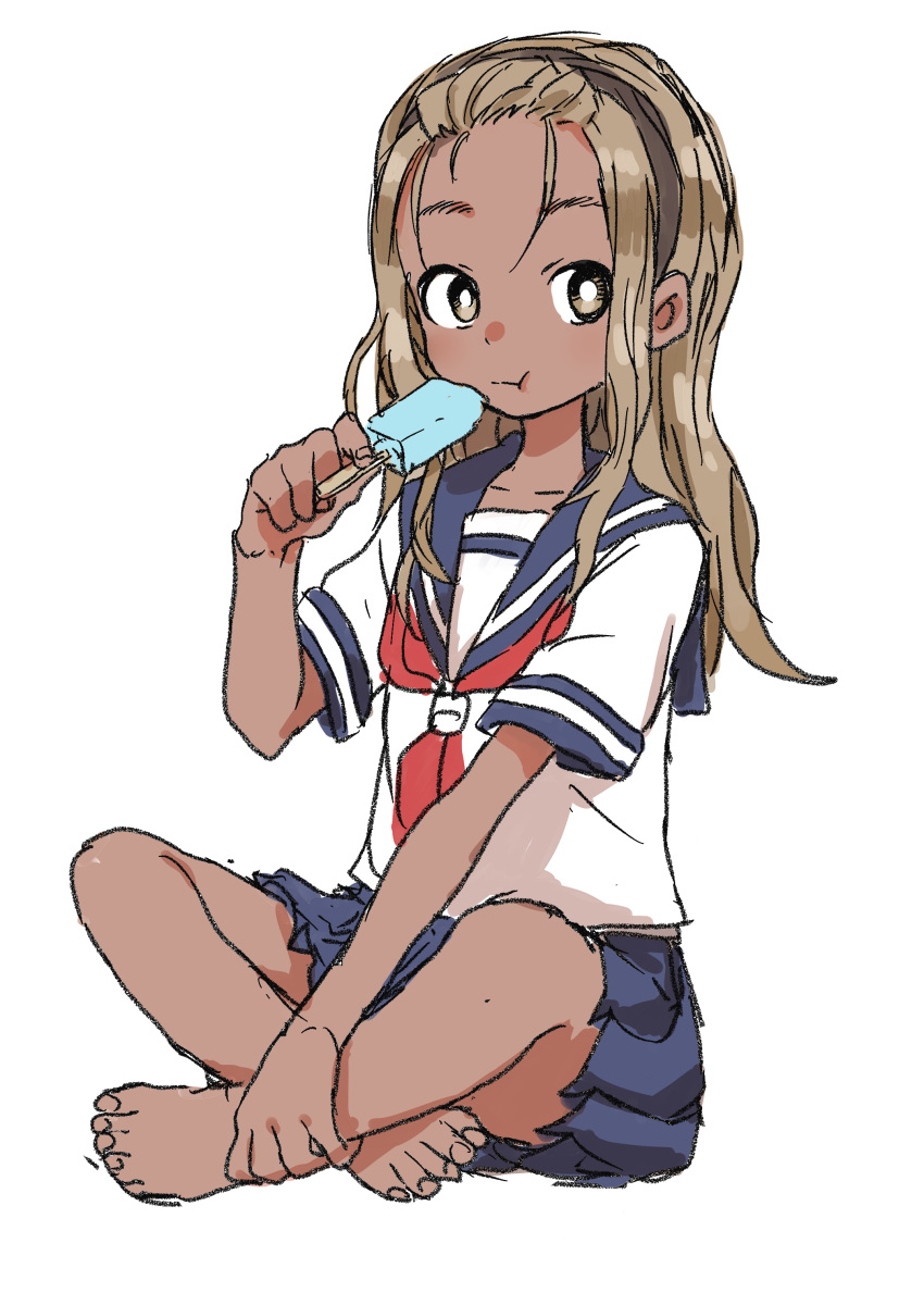 1girl, absurdres, barefoot, blonde_hair, crossed_legs, dark_skin, dress, eating