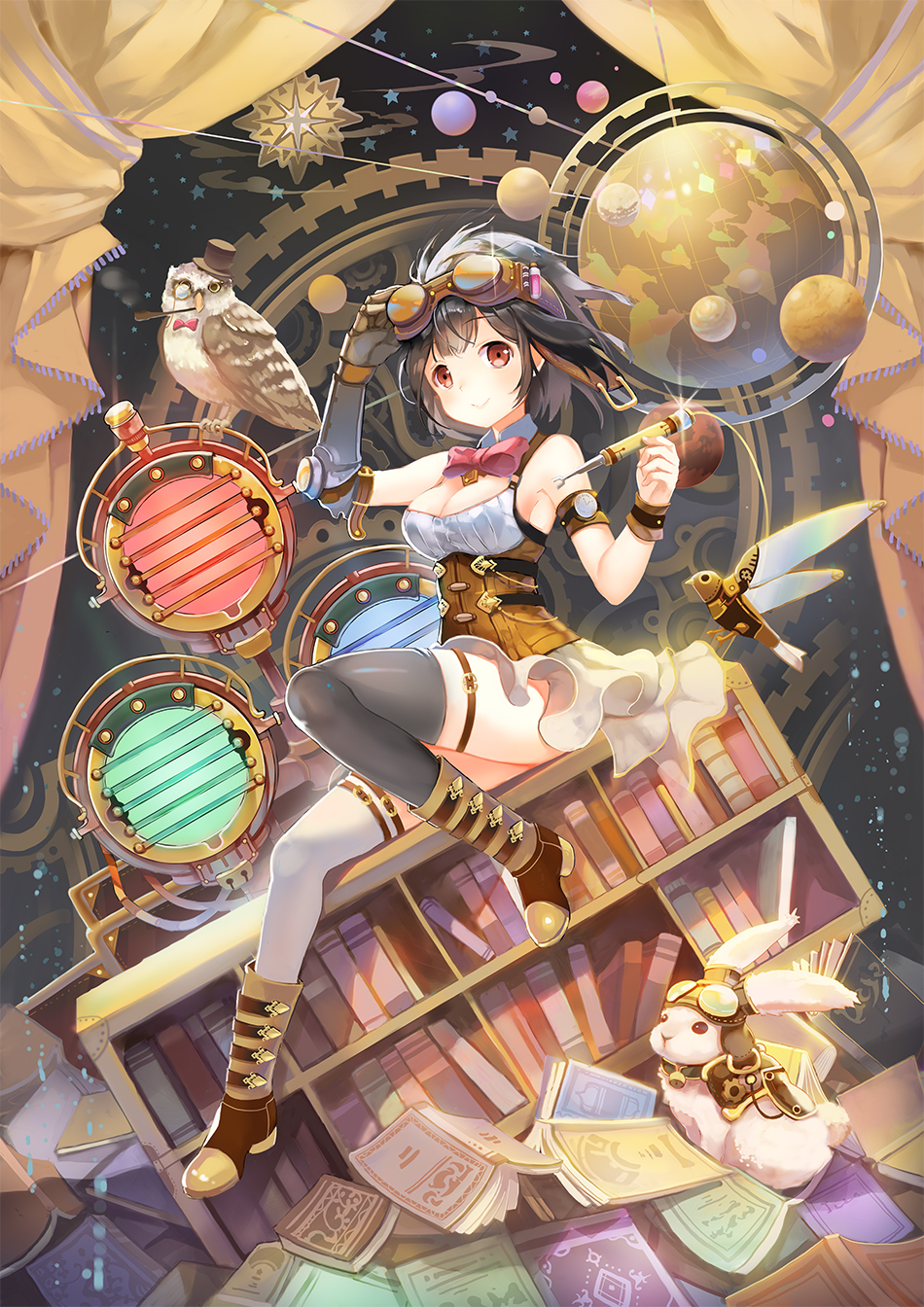 1girl, bird, black_hair, black_legwear, book, bookshelf, boots, bow