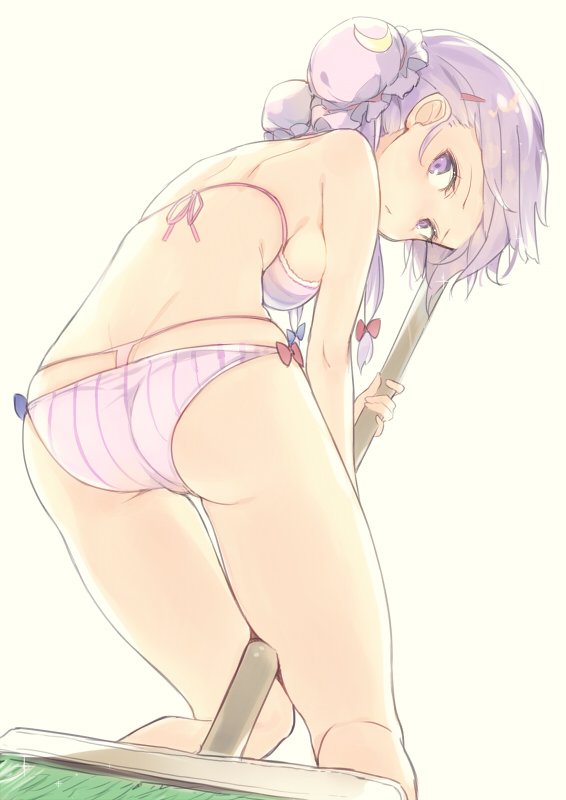 1girl, :/, alternate_hairstyle, ass, between_legs, bikini, blue_bow, bow