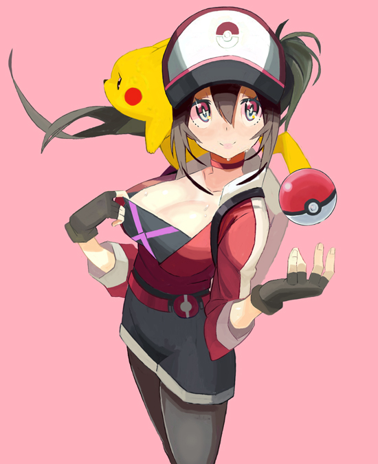 1girl, baseball_cap, belt, black_legwear, breasts, brown_hair, choker, cleavage