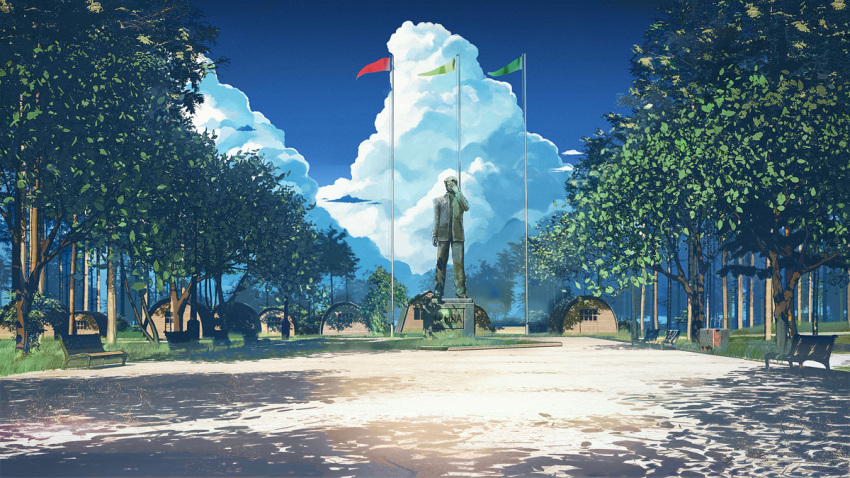 bench, camp, cloud, clouds, erogame_project, flag, grass, ikari_gendou