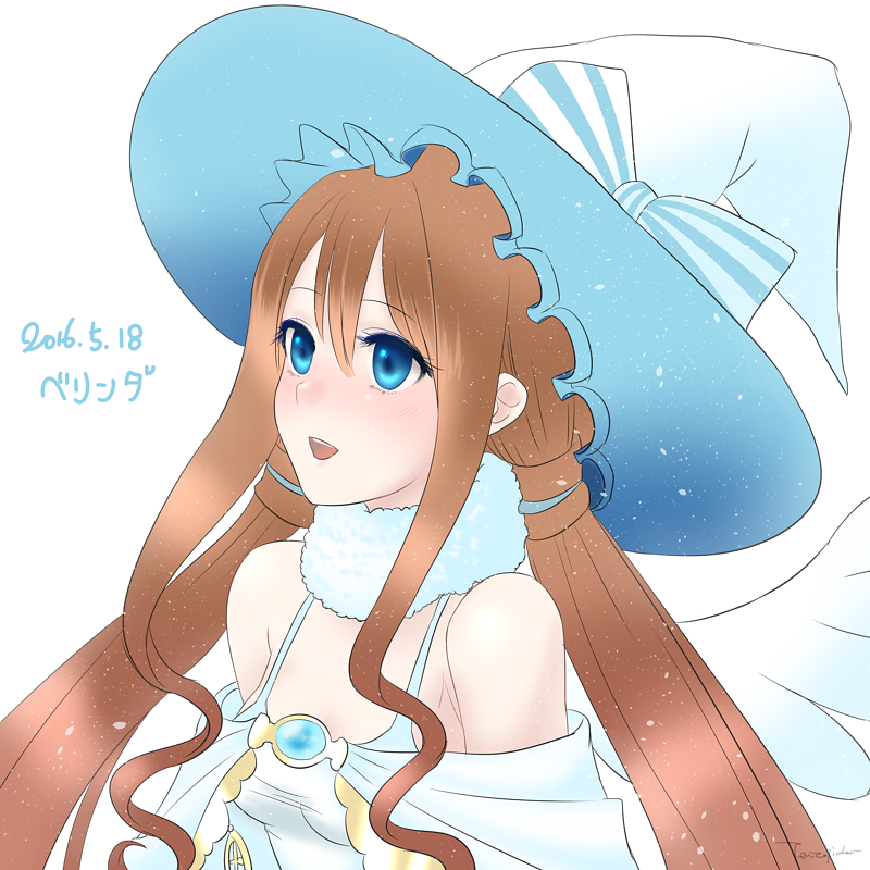 2016, :d, belinda_(sennen_sensou_aigis), blue_eyes, bow, brown_hair, hat, hat_bow