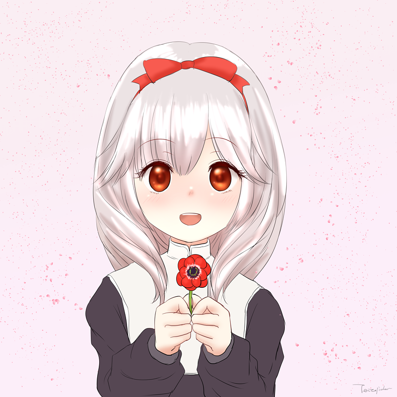 1girl, anna_(sennen_sensou_aigis), bow, flower, hair_bow, looking_at_viewer, open_mouth, red_bow