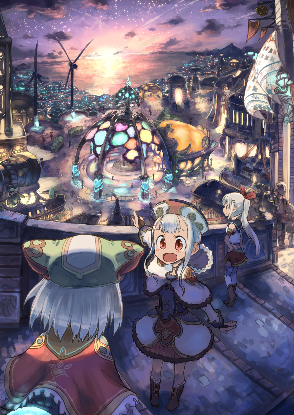 1boy, 4girls, animal_ears, animal_hat, blush, bow, braid, capelet