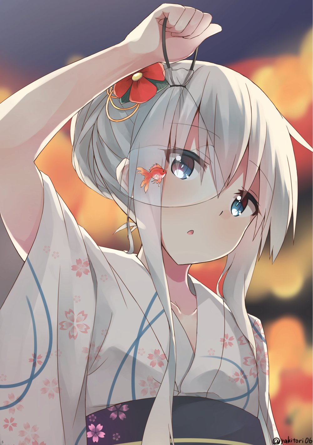 1girl, alternate_costume, alternate_hairstyle, bag, bagged_fish, blue_eyes, chestnut_mouth, fish, flower, goldfish, hair_flower, hair_ornament, hibiki_(kantai_collection), highres, japanese_clothes, kantai_collection, kimono, plastic_bag, summer_festival, upper_body, white_hair, yakitori_(yakitori06), yukata