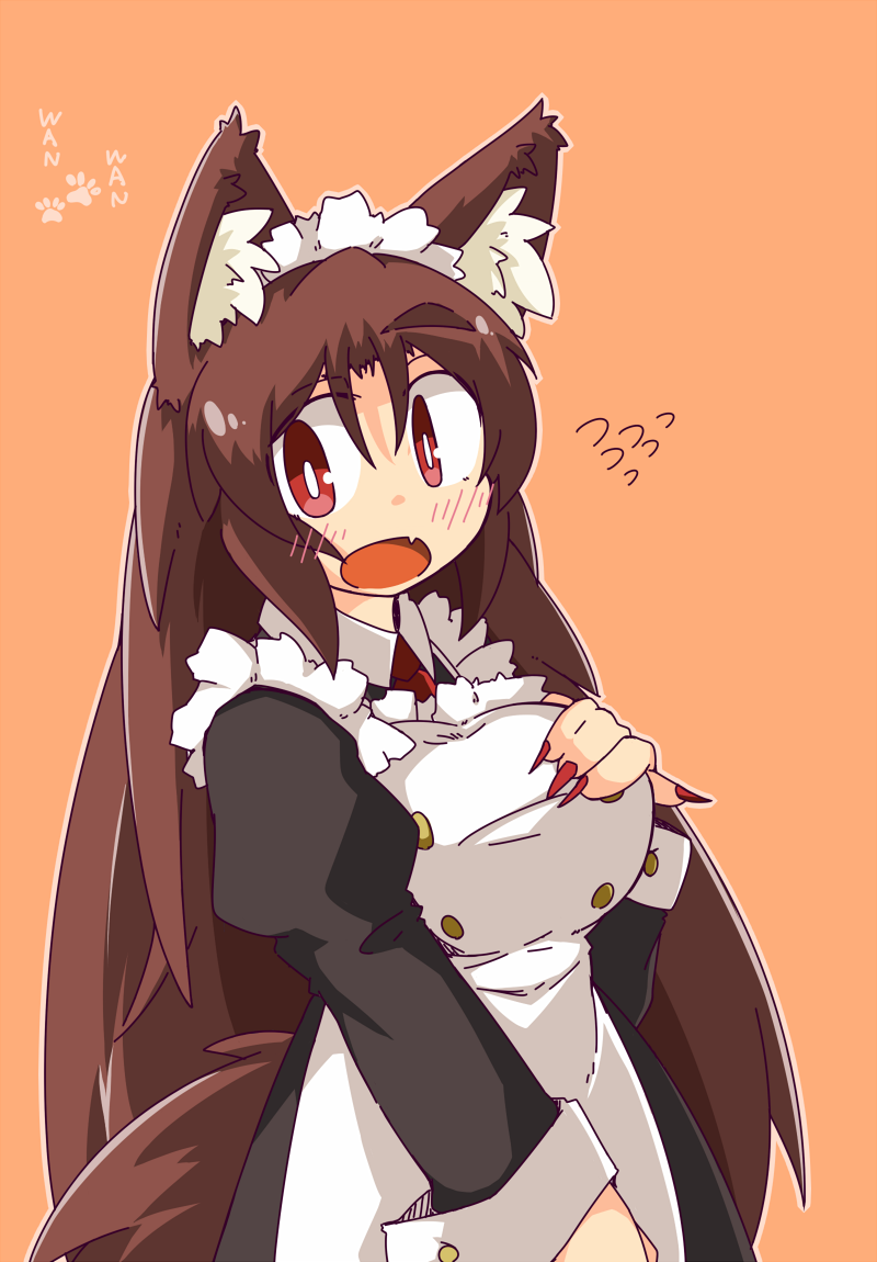 1girl, alternate_costume, amura_(artist), animal_ears, blush, brown_hair, enmaided, fang, fingernails, flying_sweatdrops, hand_on_own_chest, imaizumi_kagerou, long_fingernails, maid, nail_polish, open_mouth, paw_print, red_eyes, red_nails, solo, touhou, upper_body, wolf_ears